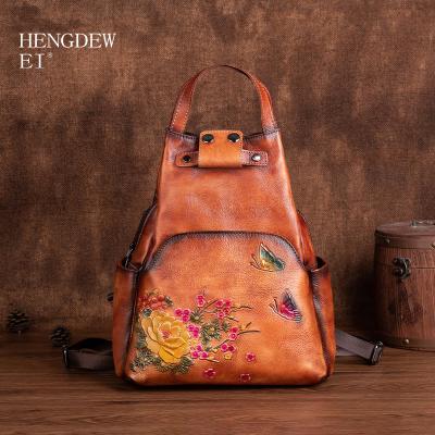 China New Chinese Style Hengdewei Retro First Layer Cowhide Women's Butterfly Backpack Creative Embossed Chinese Leather Women's Flower Bag for sale