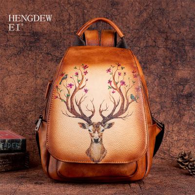 China Hengdewei Daily Used Leather Backpack Women's Design Handmade Backpack New Print Cowhide Deer Travel Leather Original Main Bag Retro Style for sale