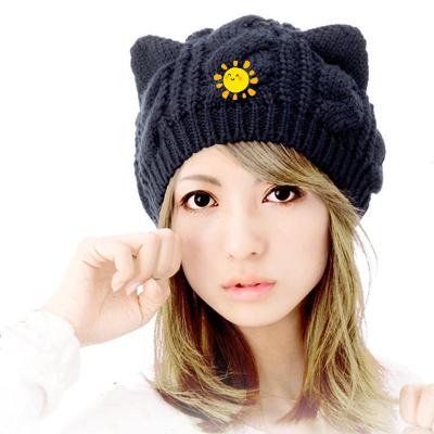 China Cute Beanie Hat Black Winter Warm Beanie Hat Female Cat Ear Knit Cable Rib Women's Custom Girls Hat for sale