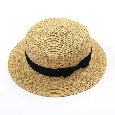 China Striped Straw Beach Hat Round Summer Panama Lady Boater Ribbon Flat Top Sun Caps For Women for sale