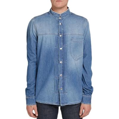 China Breathable Distressed Wash Jean Shirt Custom Men Long Sleeve Tangerine Collar 100% Cotton Wholesale for sale