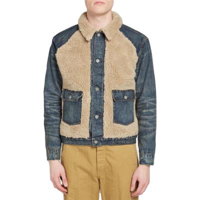 China Breathable Patchwork Fleece Washed Denim Jackets Men Winter Button Fly Custom Wholesale for sale