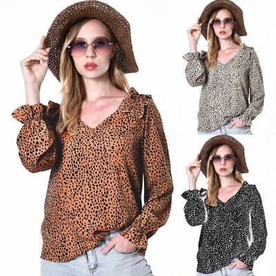 China Anti-pilling Hot Style Border Protecting V-Neck Leopard Print Shirt Commuter Loose Women's Long Sleeve Blouse for sale