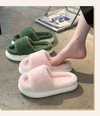 China 2021 Trend Fashion Platform Women Winter Home Thick Furry Fluffy Slippers Warm Slides Flip Flops Outdoor Indoor Shoes Non-slip Fur Plush for sale