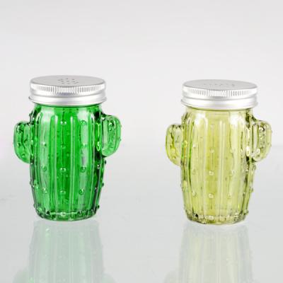 China Christmas Decoration Fancy Sustainable Cactus Shaped Glass Salt And Pepper Bottle With Shaker Lid for sale