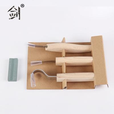 China Carving 3pcs Wood Carving Tool Kit With A Grinding Wheel Kraft Paper Box Packing for sale