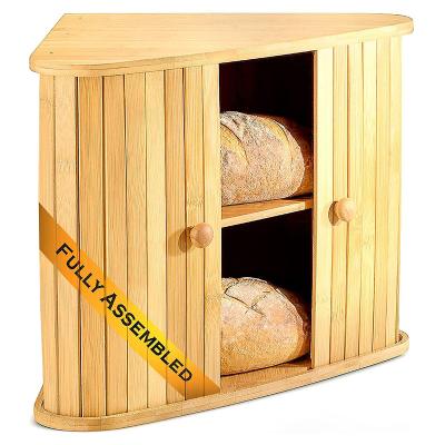 China 2022 OEM Bamboo Breadbox Amazon Food Bamboo Wood Corner Safty Bread Box Eco-friendly for sale