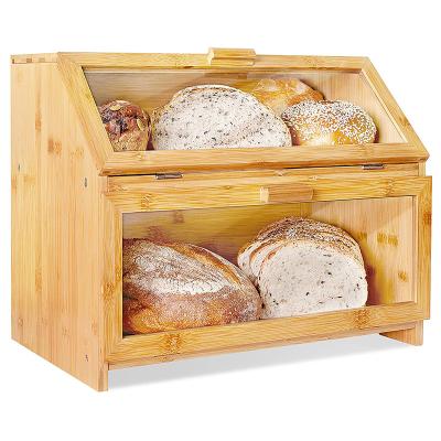 China 2022 Eco-Friendly Wooden Breadbox 2 Tiers Custom Eco-Frindly Assembly Bamboo Bread Box for sale