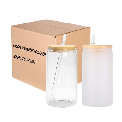 China Viable USA Warehouse Hot Selling 12/16/20/25oz Straight Clear Frosted Glass Beer Can Sublimation Can With Bamboo Lid And Straw for sale