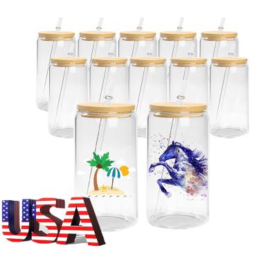 China Sustainable USA Warehouse 12oz 16oz Sublimation Frosted Clear Beer Can Shaped Sublimation Glass Cans With Bamboo Lid And Straws for sale