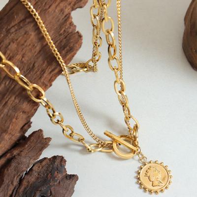 China TRENDY 18K Gold Plated Queen Elizabeth Charm Ot Buckle Double Layer Women Necklace Stainless Steel Ladies Statement Jewelry 316L for sale