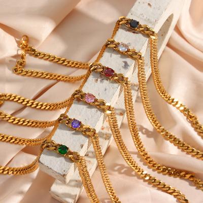 China Europe and America Tarnish Free Stainless Steel Necklace Bracelet Colorful Round Zircon Charm 18K Gold Plated Cuban Chain Necklace for sale