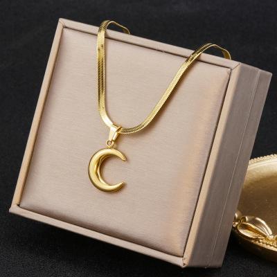 China Fashion Waterproof Polished 18K Gold Plated Chain Fishbone Moon Stainless Steel Snake Pendant Necklace for sale