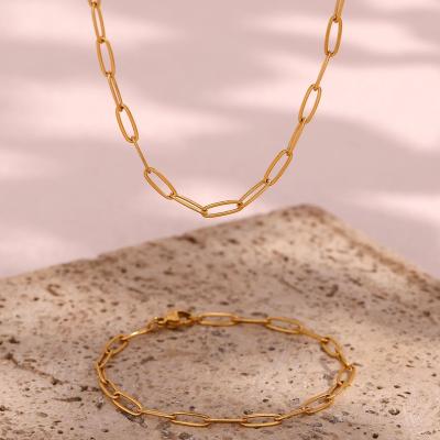 China Wholesale Fashion Women's Jewelry PVD 18K Gold Plated Round Flat Rectangle Paper Clip Link Chain Stainless Steel Necklace for sale