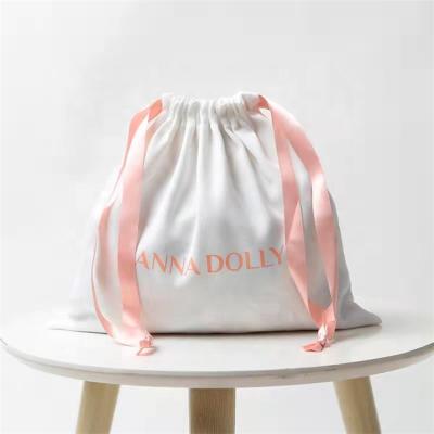 China Chuanghua Recyclable Cute White Cotton Pouch With Pink Ribbon Dust Bag For Sack Cotton Logo Bag for sale