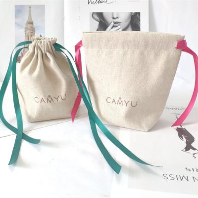 China Custom Logo Printed Linen Gift Drawstring Gift Bags Jewelry Pouches Promotional Burlap Bags With Square Bottom for sale