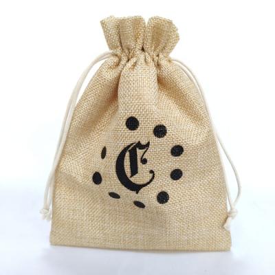 China Hotel Toilet Paper Customized Nature Hessian Jute Drawstring Pouch With Black Logo for sale