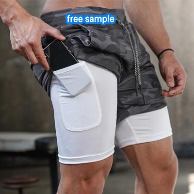 China Anti-Wrinkle Pantalones Cortos Deportivos Para Hombre White Custom Logo 2 In 1 Striped Athletic Sports Mesh Jogger Pants Gym Men Running Shorts for sale