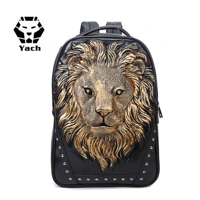 China 3D lion foreign trade backpack head travel chef anti-theft male animal outdoor cool bag PU leather laptop backpack for sale