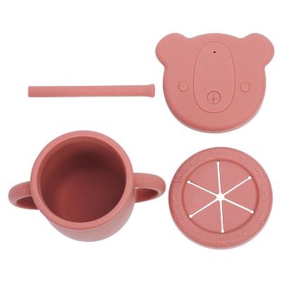 China 2-in-1 BPA Silicone Snack Cup Baby Puddle Proof Food Container Teether Free Straw with Training Cup for Baby and Kid for sale