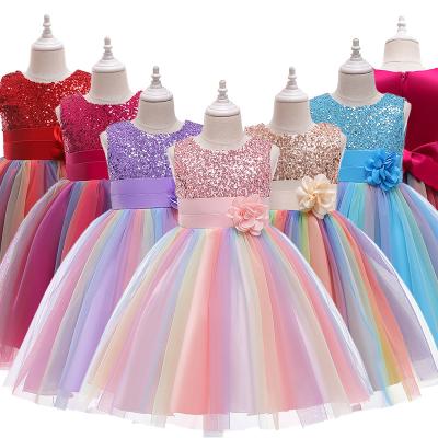 China Amazon Regular Hot Selling Kid Kids Christmas Rainbow Baby Dress Sleeveless Sequin Bridesmaid Wedding Dresses for sale