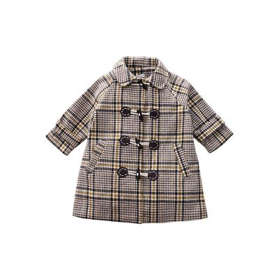 China Wholesale Breathable Kids Clothes Warm Horn Button Plaid Sheath Long Coat Children Winter Woolen Coat Casual Korean Style Children Coat for sale