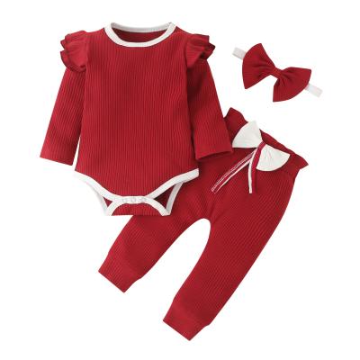 China Anti-wrinkle Amazon Sale Hot Autumn Winter Long Sleeve Newborn White Cotton Romper Baby Toddler Girls Clothing Sets for sale