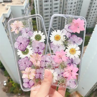 China Beautiful Real Flower Soft Mobile Accessories TPU Shockproof Pressed Dry Cell Phone Back Cover For iphone 13 11pro 12 max for sale