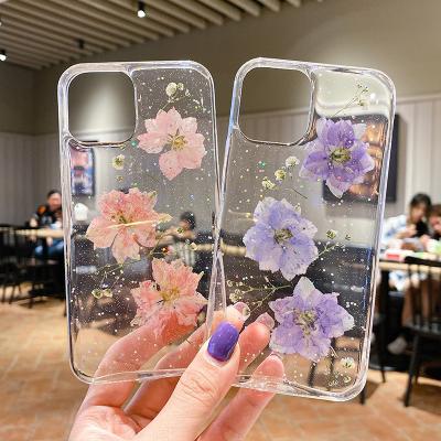 China New Shockproof Dry Flower Phone Case For iphone 13 Bling Flowers Glitter Cover tpu Case Dry Clear Phone Case for sale