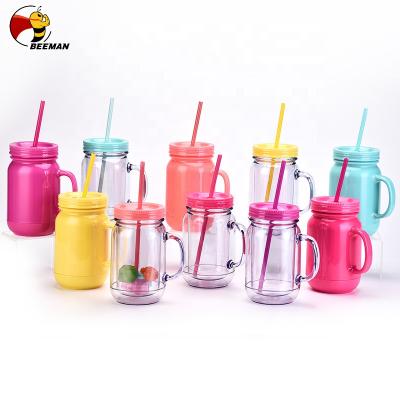 China New Amazon Small Moq Hot Beeman 2022 Disposable Holder Powder Coated Plastic Drinking Straw Wholesale Acrylic Mason Jar Cup With Holder for sale