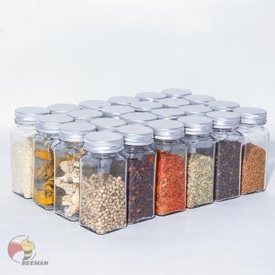 China Beeman Square Empty Silver Lid New Design Viable Wholesale Glass Bottles Spice Jar With Labels for sale