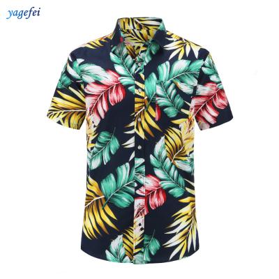 China 2020 Latest Hawaiian Mens Anti-pilling Print Dark Blue Fancy Cotton Shirt Short Sleeve Custom Made for sale