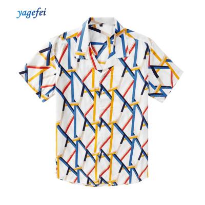 China Men's Casual Shirts Anti-pilling Hawaiian Shirt Print Summer Cotton Short Sleeve Geometric Breathable Shirt for sale