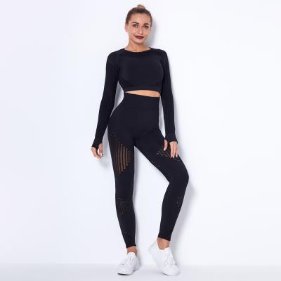 China Breathable hot sale European and American style lace sports long sleeve sports fitness clothing yoga set for lady for sale