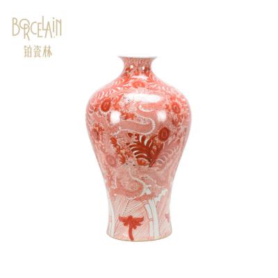 China Traditional Antique Nordic Style Desktop Decorations Ceramic Cylinder Red Tall Vase For Wedding for sale