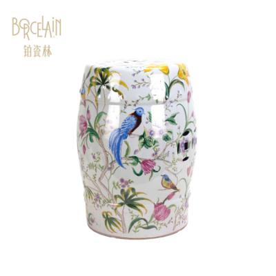 China Strong Selling CE ULSAA Hot White Decorative Flower and Birds Pattern Ceramic Garden Porcelain Stools Drum Stool for sale