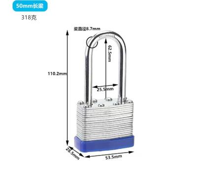 China Metal Laminated Safety  Long Shackle Padlock  Laminated Steel Waterproof Padlock 50mm With Keys for sale