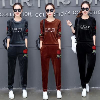 China 2021 QUICK-DRY Korean version two-piece embroidered casual suit female sportswear spring pants velvet suit of new and autumn jacket for sale