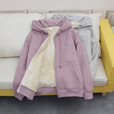 China Autumn And Winter Micro Embroidery Hooded Lambskin Cashmere Cardigan Sweater Women'S Warm Plush Thickened Zipper Jacket Tops for sale