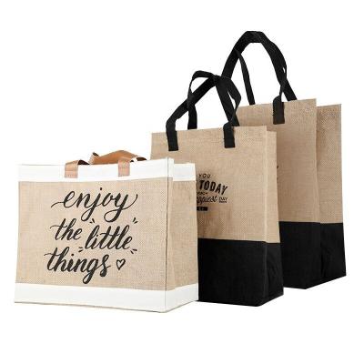 China Promotional Custom Hemp Jute Burlap Printed Logo Printed Big Burlap Grocery Jute Tote Bag With Pocket for sale