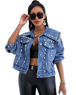 China Hot Sale Breathable Fashion Stylish Women Loose Jean Jacket Pearls Beading Decoration Denim Jackets For Ladies for sale