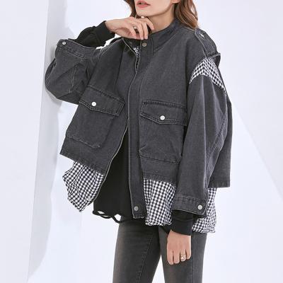 China New Fashion Anti-wrinkle Fashionable Patchwork Plaid For Women Casual Denim Coat Winter Lapel Jacket for sale