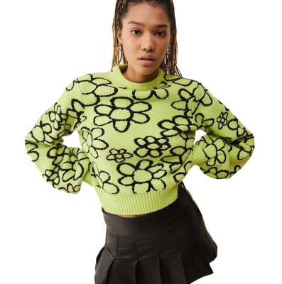 China Wholesale Funky Long Sleeve Women's Anti-Wrinkle Floral Patterns Women's Sweaters Crochet Sweater Green Sweater for sale