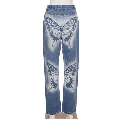 China 2021 New Autumn Women Friend Denim High Waist Leg Jeans Breathable Casual Trending Printed Straight Pants for sale