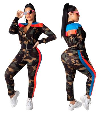 China New Trendy QUICK DRY Women Fashion Green Camouflage Print Long Sleeve Overalls With Zipper And Bands Sporty Tracksuit for sale