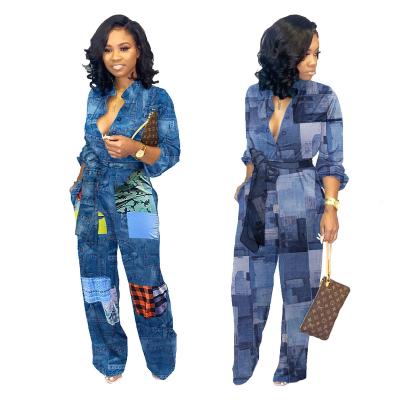 China New Fashion QUICK DRY Women One Piece Overalls With Long Wide Leg Pants Patchwork Jean Jumpsuits Women Denim Blue for sale