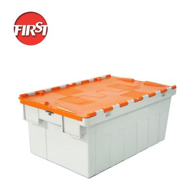 China Recyclable Recyclable 46L Mobile Box Tied Lid Stackable Plastic Crate for sale