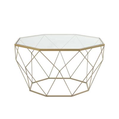 China Large Design Diamond Type Powdercoated Steel Glass Top Coffee Table In Gold Odm / OEM Side Table for sale