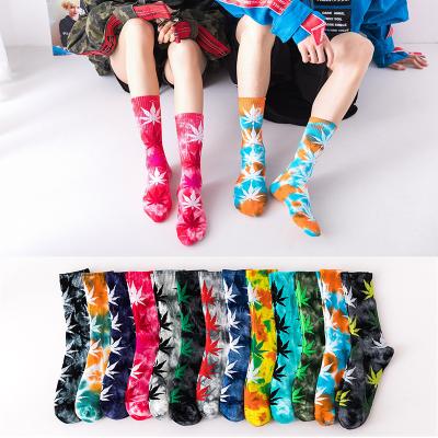 China Maple Leaf Fashion Cotton Weed Leaf Antibacterial High Quality Sports Women Tie Dye Socks for sale