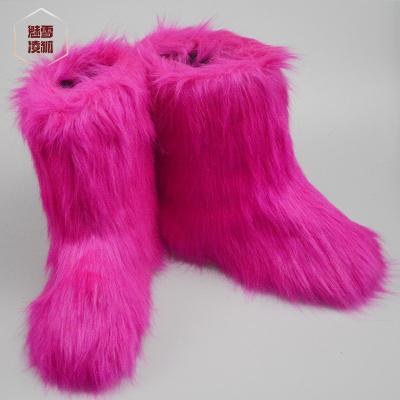 China Winter Waterproof Women's Faux Fox Fur Boots Female Warm Home Shoes Stripe Top Woman Outdoor Fluffy Furry High Home Boots for sale